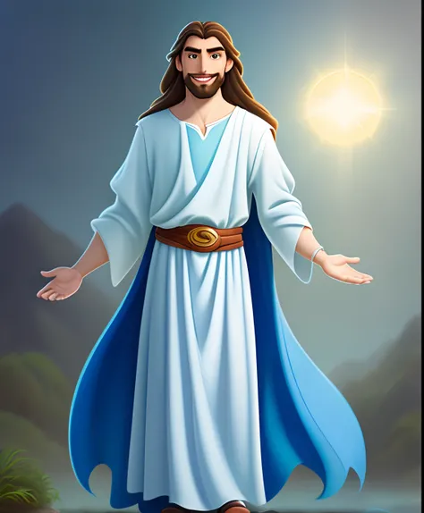 Original art quality, full body picture, Disney character animation style, young and handsome Jesus God, standing posture, hands naturally placed on both sides, looking ahead, gentle expression and smiling, eyes full of light, background light blue, transl...