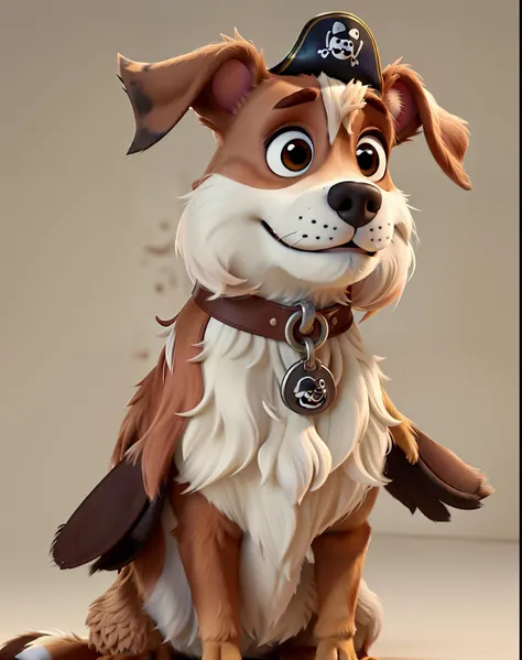 Personagem estilo Disney pixar de um cachorro grande, branco com manchinhas pretas pelo corpo e uma mancha grande preta no olho esquerdo, The dogs name is pirate