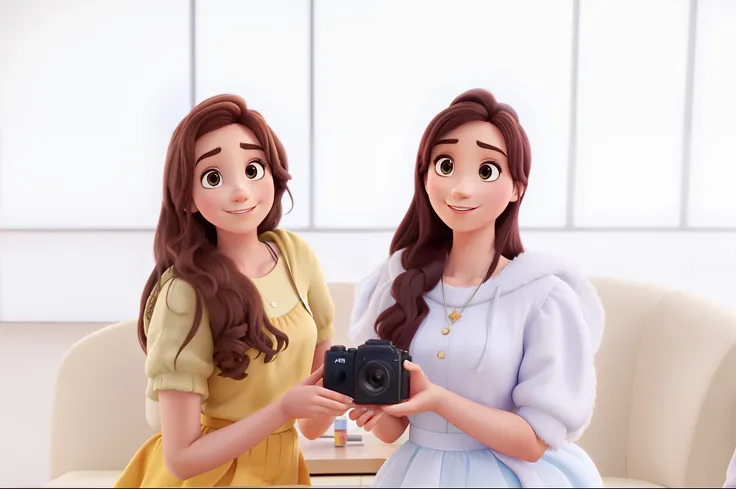 Two young ladies in Pixar style holding a camera, alta qualidade, melhor qualidade