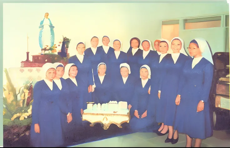 Group of women in blue dresses standing in front of a cake, 1962, 1 9 6 2, 1 9 6 0, 1960, 1964, 1 9 6 4, 1 9 6 3, 1963, 1 9 5 8, 1958, 1 9 6 6, 1966