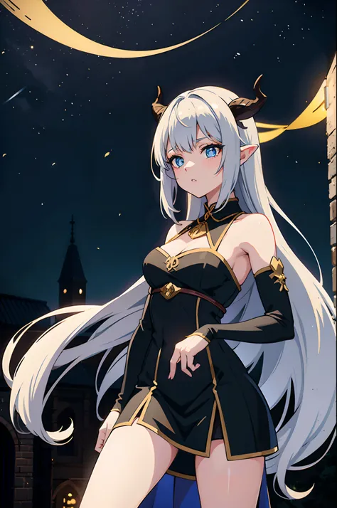 Anime girl with deer horns, dragon girl, black long hairs and blue eyes, medieval white dress, medieval city at night, supersharp, extra detalied picture, anime fanart, 8k, masterpiece