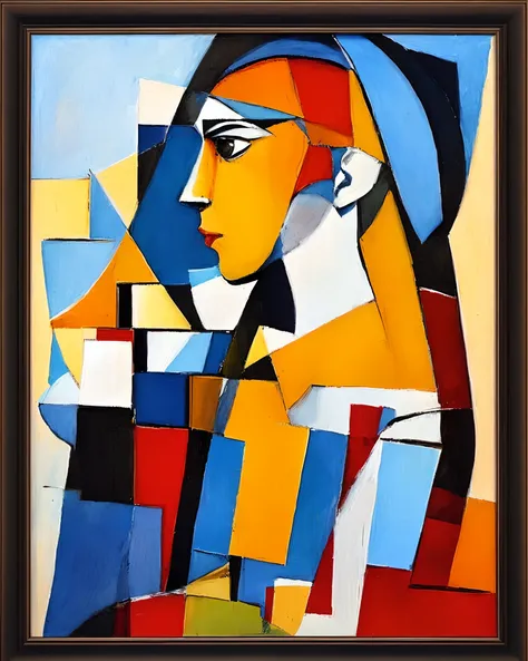 Create a framed painting depicting the god Apollo in profile in the Cubism movement