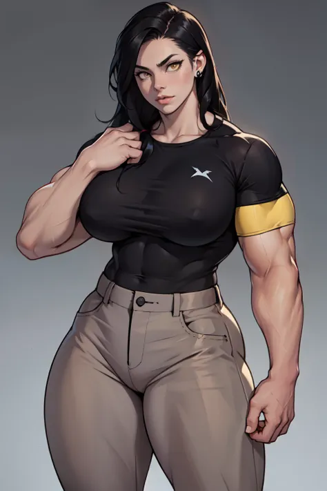 (1girl) pale skin huge breasts muscular toned bodythick thighs black hair yellow eyes (tight shirt and pants long hair grey background) bodybuilder