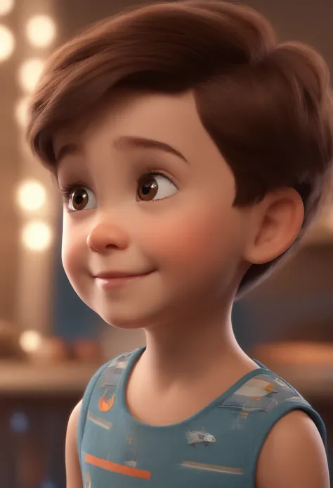 a happy cute kid standing short hair, vestindo uma fantasia espacial, , fundo branco, barnet, toon, estilo pixar, 3d, desenhos animados, rosto detalhado, asymmetrical 16k