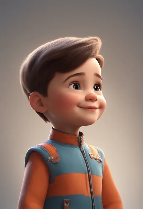 a happy cute kid standing short hair, vestindo uma fantasia espacial, , fundo branco, barnet, toon, estilo pixar, 3d, desenhos animados, rosto detalhado, asymmetrical 16k