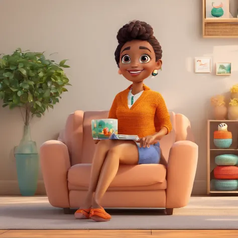 create a 3D movie poster inspired by Disney Pixar, The scene should be in Pixars signature digital art style, com uma imagem caricatural pixar "Denise" in the sitting position, Wearing a crochet blouse while making a little saint in amigurumi, in the backg...