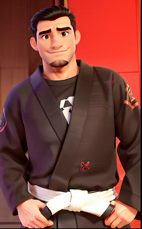 Homem de 29 anos, kimono preto de Jiu jitsu com faixa branca e cabelo curto