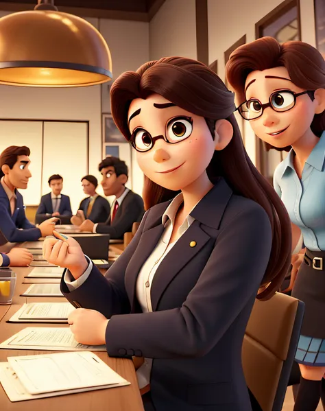 Business meeting, com 6 pessoas maduras em torno de uma grande mesa de trabalho. Characters Must Have Diverse Characteristics, brancos, Preto, homens, Mulheres, pessoas com deficiencia. Estilo pixar disney alta qualidade, melhor qualidade