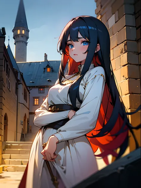 Anime girl with black long hairs and blue eyes, medieval white dress, medieval city at night, supersharp, extra detalied picture, anime fanart, 8k, masterpiece, perfect eyes