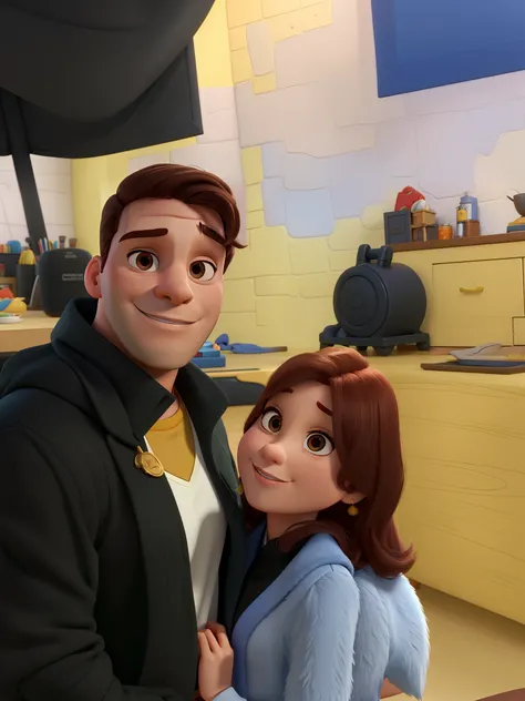 Casal (homem moreno e mulher branca) no estilo Disney Pixar, alta qualidade, melhor qualidade.