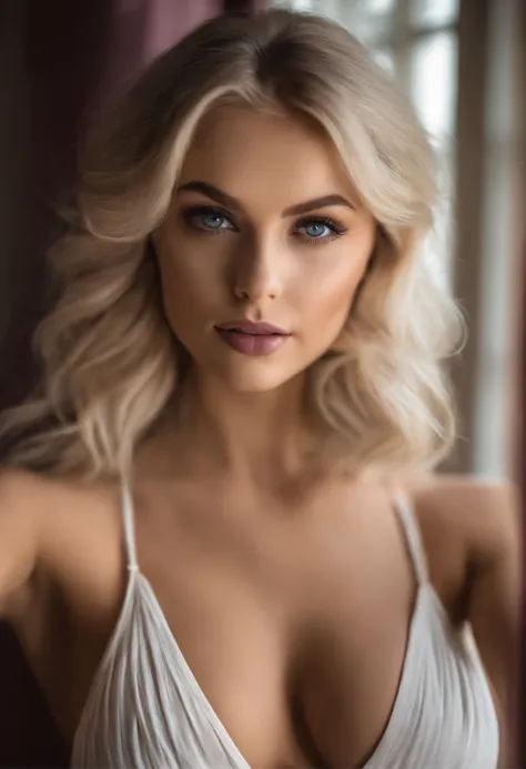 arafed frau voll , Sexy girl with blue eyes, ultra realistisch, Akribisch detailliert, portrait sophie mudd, blonde hair and large eyes, Selfie einer jungen Frau, Augen im Schlafzimmer, Violet Myers, ohne Make-up, Natural makeup, Blick direkt in die Kamera...