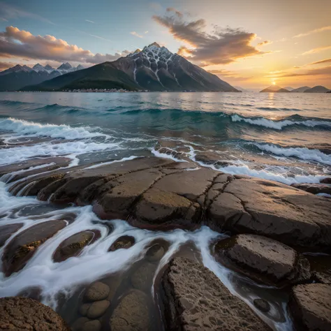 Landscape of the sea with mountains around a great sunset starting to set with maximum quality at the highest quality and richness of details