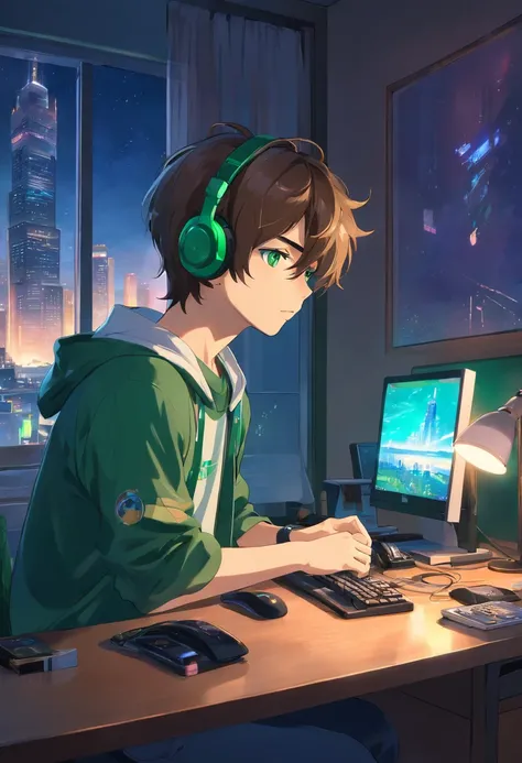 A college student gaming in his bedroom on computer desk, he has brown hair and emerald green eyes. Wearing a headset. City view outside his window. Its night time