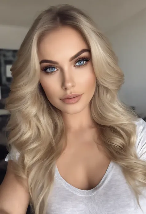 arafed frau voll , Sexy girl with blue eyes, ultra realistisch, Akribisch detailliert, portrait sophie mudd, blonde hair and large eyes, Selfie einer jungen Frau, Augen im Schlafzimmer, Violet Myers, ohne Make-up, Natural makeup, Blick direkt in die Kamera...