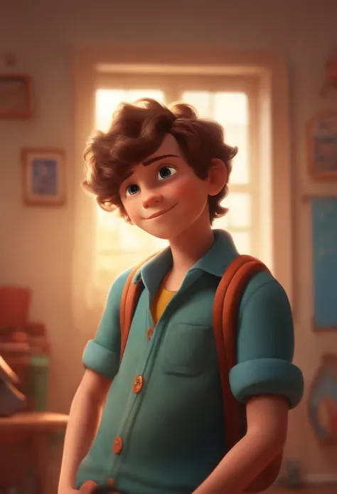 Image of a boy for a story in a YouTube video in Pixar format, Hes the little allabester, Hes the class leader, Hes outgoing, Playful and gets up for a lot of things, cabelo curto