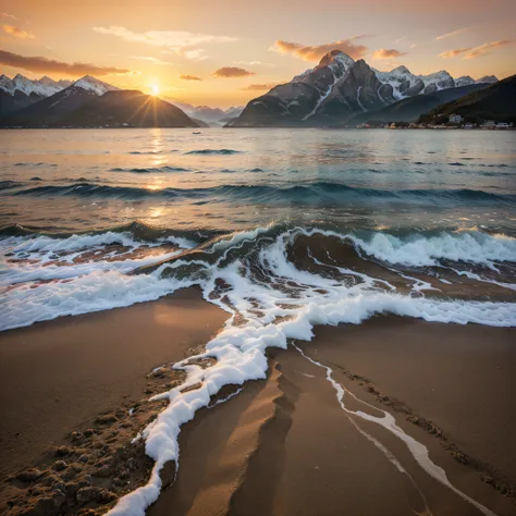 Landscape of the sea with mountains around a great sunset starting to set with maximum quality at the highest quality and richness of details