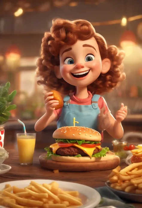 (best quality,4k,8k,highres,masterpiece:1.2),ultra-detailed,(realistic,photorealistic,photo-realistic:1.37),1girl,eating a burger,hungry,DIsney Cartoon,Pixar style,3D rendering,Disney,illustration,playful,colorful,sparkling colors,happy atmosphere,toon sha...