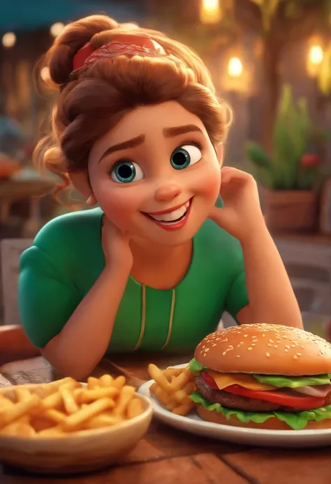 Make a Girl, Shes hungry, como Disney Cartoon, Shes eating hamburger, Pixar, ..3d, Disney