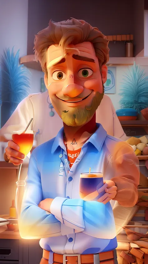 Theres a man whos holding a glass of beer, usando avental, Nikolay, muito saboroso, melhor chef, Simon Hollosy, avental de couro, avental, Vadim, em um avental coberto de sangue, Directed by: Nandor Soldier, Boris Vallego, inspirado em Americo Makk, Alejan...