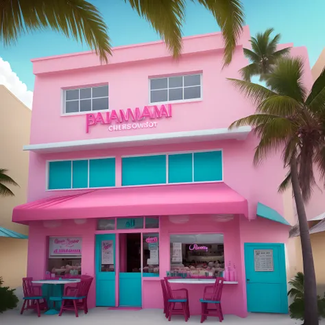 genarate a picture of a pink restaurant at the beach in bahamas called pink bahama blow out in neon letters