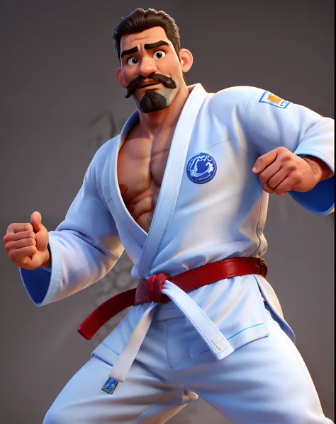 (best quality, ultra-detailed), blue belt jiu-jitsu fighter with a curled mustache in a white kimono, strong athletic build, tanned complexion