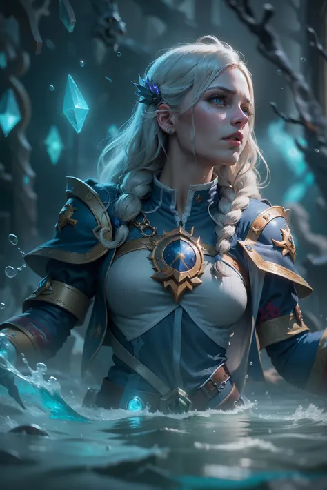 Jaina Proudmoore (Warcraft), water elemental besides her, casting out the undead creatures, high quality, sharp focus, unreal engine graphic, cinematic looking, UHD, HD, ultra high details, photorealistic; 1.4, cosmic environment