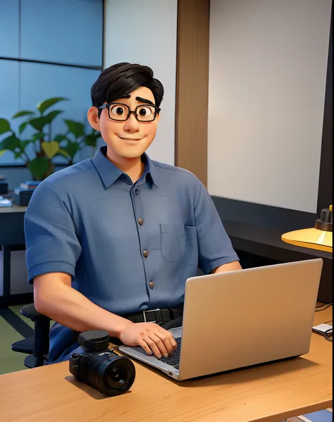 A Japanese man sitting in the office fiddling with the laptop with the camera on the desk