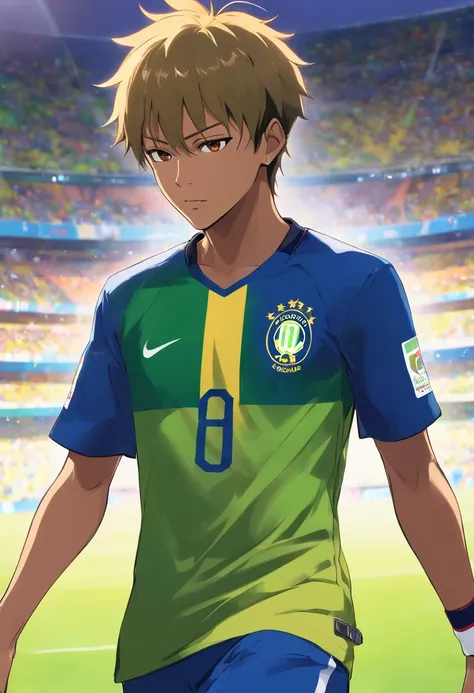 Neymar Jr with the shirt of the Brazilian national team , Standard scenario , melhor qualidade, best resolution , Estilo anime , obra prima , olhar fixo