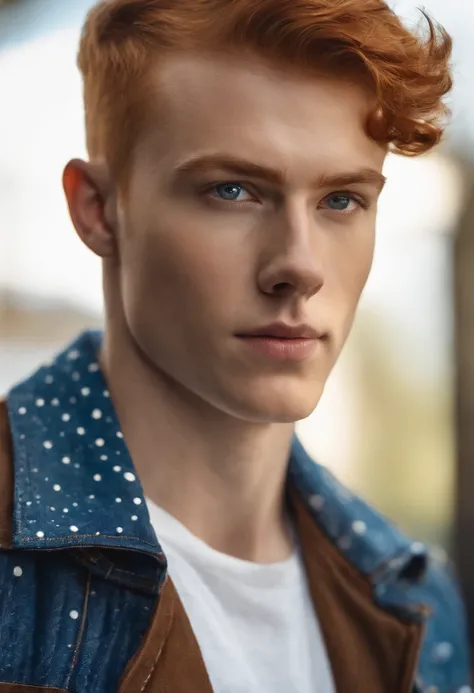 ginger buzzcut short hair male, wearing white shirt, brown jacket, jeans blue, with dots, on school