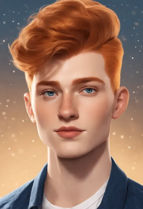 ginger buzzcut short hair male, wearing white shirt, brown jacket, jeans blue, with dots, on school