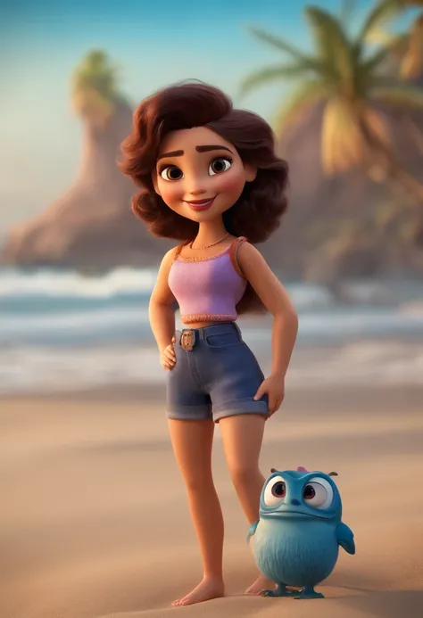 Imagem estilo Pixar com personagem 3D mulher morena com cabelo ondulado, blusa roxa e short jeans, maquiagem Disney na praia