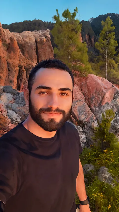 There is a man who is standing in front of a rock, em frente a um fundo de floresta, imagem do avatar, Condutor de Ene, com montanhas no fundo, com montanhas ao fundo, imagem de perfil, Alexandros Pyromallis, foto de perfil headshot, Postagem no Reddit, Ay...