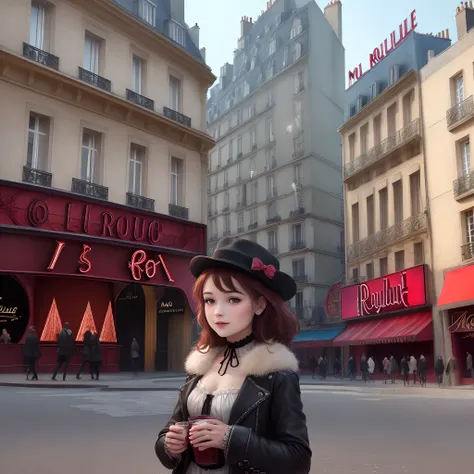 A girl in Paris in front of moulin rouge