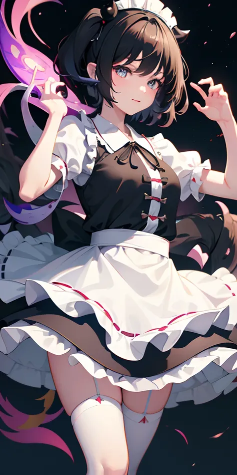 ((16 Nights Sakiya)), ((Touhou Project)), Cosplay, 20-year-old woman, (((black)), ((medium spiky hair)), ((twin pigs tails)), ((blue maid outfit)), ((white blouse)), midchest, (light)))), (pose))), (photorealistic photo: 1.3), rim lighting, (high detail sk...