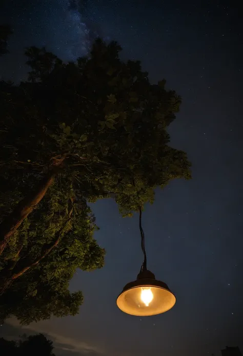 Jovem senta-se na relva a ler um jornal, cabelos pretos, sorriso delicado, olhos castanhos brilhantes, looking up at the sky, lamp light, corpo inteiro, under a huge tree, farthest view, uma tenda ao fundo, Starry sky, noite iluminada, photo effect, 8k, su...