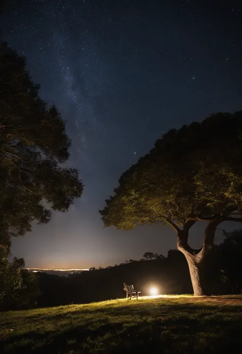 Jovem senta-se na relva a ler um jornal, cabelos pretos, sorriso delicado, olhos castanhos brilhantes, looking up at the sky, lamp light, corpo inteiro, under a huge tree, farthest view, uma tenda ao fundo, Starry sky, noite iluminada, photo effect, 8k, su...