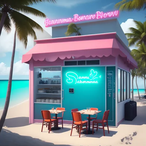 generate an open spaced restaurant based in the bahamas that is named pink bahama blowout in neon letters with open seating and is right on the beach. realistic