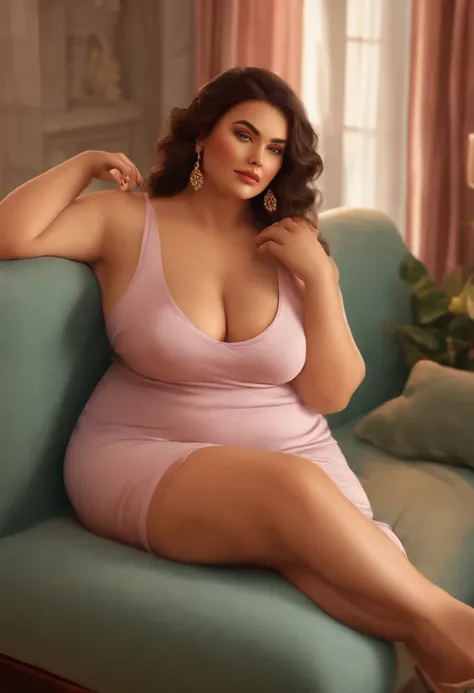 1girl,plump fat woman,sitting on a cozy couch,crossing legs,soft light