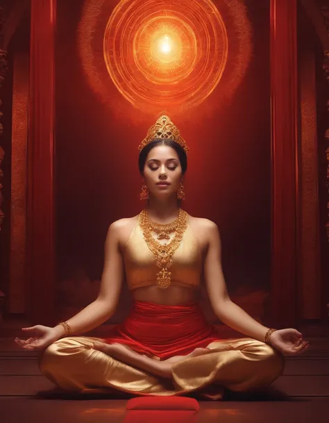 A woman sitting in meditation in front of an aura, no estilo vermelho e dourado, Artgerm, Imagem UHD, Gongbi, harmonia visual, Mystical Mechanisms, Queencore