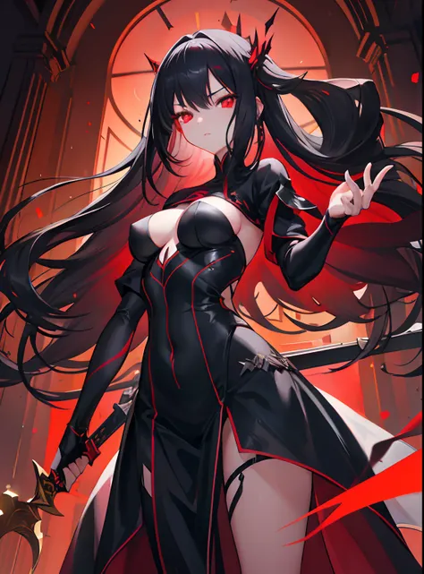 1 Girl, Medium Breast, Long Black hairs (Glowing red Eyes), Slender Body, Assassin Costume, Indoor, Showing Dagger in Perfect Pose, Dark Room with spotlight, Looking at Viewers