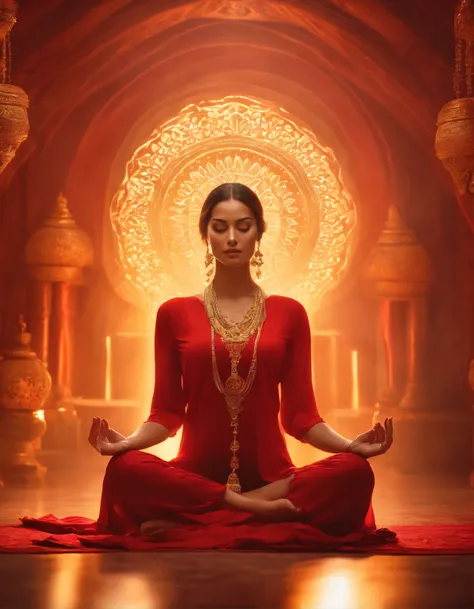 A woman sitting in meditation in front of an aura, no estilo vermelho e dourado, Artgerm, Imagem UHD, Gongbi, harmonia visual, Mystical Mechanisms, Queencore