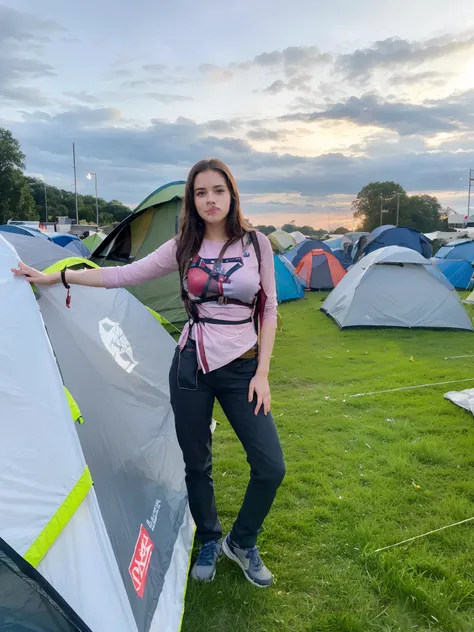 masterpiece, best quality, movie still, 1girl, posing near a tent in the woods, close-up, bright, happy, warm soft lighting, sunset, festival (sparks:0.7)