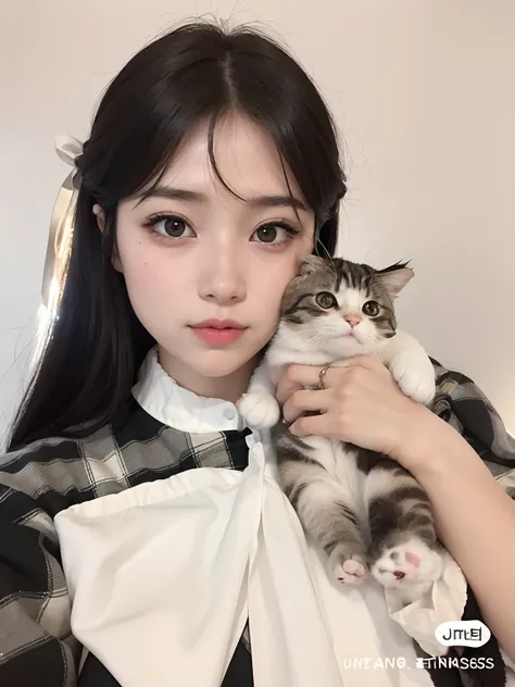 Hay una mujer con un gatito en brazos, muy hermosa linda catgirl, ulzzang, Hermosa joven catgirl, with cute doting eyes, Jinyoung Shin, con ojos grandes, Atractiva chica gato, Chica de anime en la vida real, with small cat on his lap, Sakimichan, She is ho...