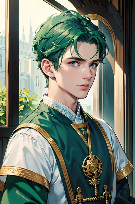 masterpiece, best quality, ultra-detailed, semi-realistic, detailed facial features, 1boy, green hair, short hair, blue eyes, wearing a detailed and intricate ancient clothes