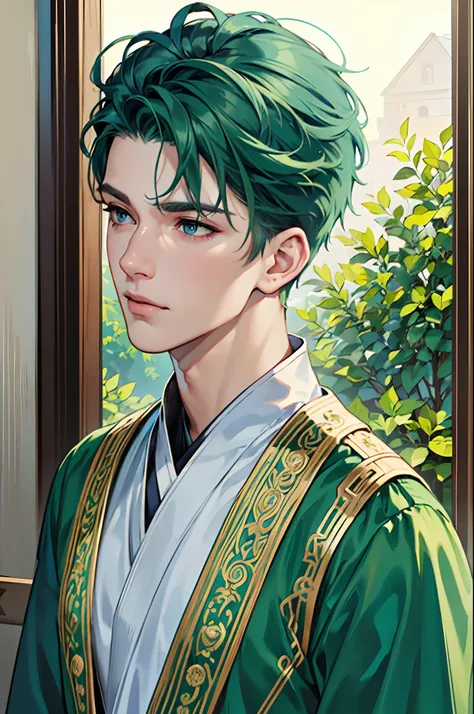 masterpiece, best quality, ultra-detailed, semi-realistic, detailed facial features, 1boy, green hair, short hair, blue eyes, wearing a detailed and intricate ancient clothes