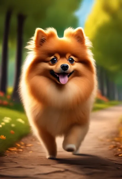 Cute looking german spitz strolling in the park, estilo cartoon, pixar, 3d