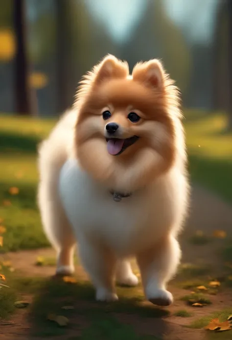 Cute looking german spitz strolling in the park, estilo cartoon, pixar, 3d