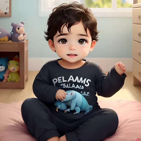 Um menino 5 anos. Cabelos preto. Adorable black eyes. Pele branca, segurando. A baby. De pijama azul. com estampa de dinossauro