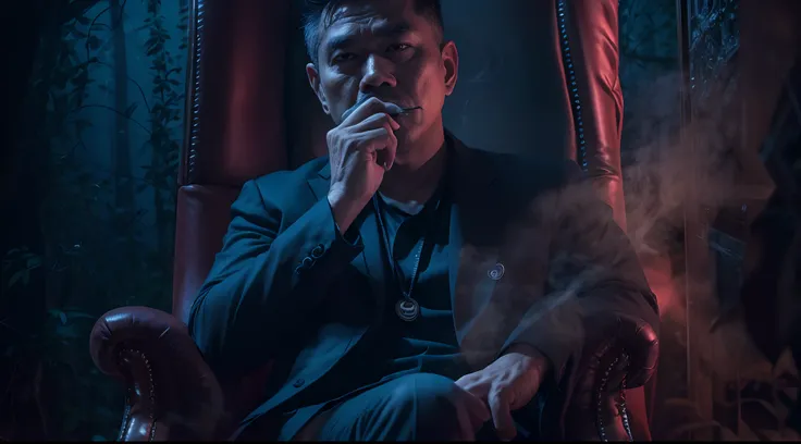 a malay man in torn dark blue office outfit seat in a throne while smoking big cigar, dark mood, dark forest, big red owl behind him, dark smoke below, creepy atmosphere, Prores lense, Low angle shot, blue color grading, cinemascope, natural light, Dynamic...