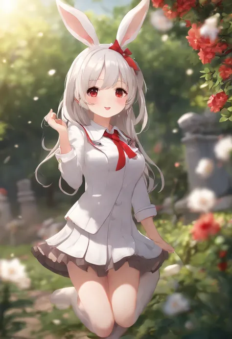 (best quality,4k,8k,highres,masterpiece:1.2),ultra-detailed,realistic:1.37,anime,white-hair rabbit-ears girl,red eyes,shy blush,school uniform,detailed eyes and lips,cute expression,short skirt,long socks,playful pose,beautiful garden background,vibrant co...